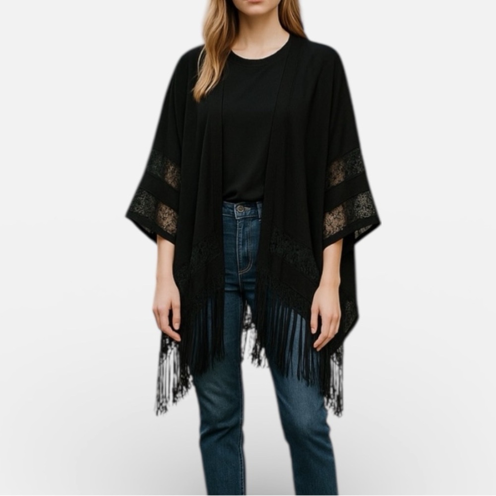 Vintage Havana Lace & Fringe Open Front Cardigan in Black Size Small